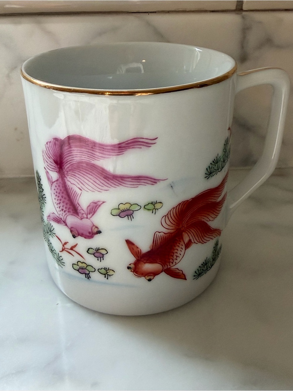Porcelain Gold-Rim Fish Motif Mug - Pink & Red Koi